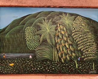 Framed Jungle & River Scene Original Oil on Canvas Signed by Henri Bresil (24-3/4"W x 17"H)