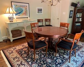 Round Pedestal Dining Table with Claw Feet Made in Canada (48"D x 30"H with 12"L leaf) & Upholstered Seat Armchair Made in Italy (4 Armchairs, 2 Side Chairs)