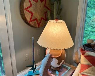 Handcrafted Southwestern Lamp with Coyote Statues & Native American Hand Painted Hide Drum
