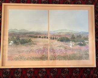 Framed Split Landscape Watercolor on Paper Signed by Gonn (50"W x 34"H)