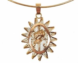  14K Yellow Gold African Pendant Necklace 