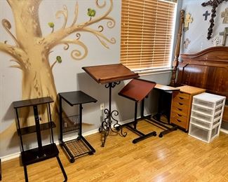 Several Side tables, office drawers, podiums, and tables for sliding under bed/couches