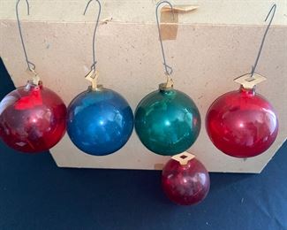 WWII era Christmas ornaments unsilvered with paper hook holders