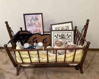 Antique Spindle Nursery Bassinet With Handmade Wool Sheep Sheep Rug And Alphabet Samplers