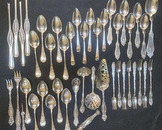 Assorted Sterling Silver Utensils Oyster Forks Bon Bon Tongs Slotted Dessert Server and More