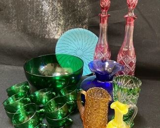 Cranberry Glass Decanters Green Punch Bowl Handblown Glass Cruet