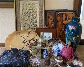 Handcarved Wood Panels Silk Embroidery Enamel Vase And More