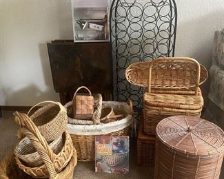 Iron Wine Rack TV Trays And Woven Baskets