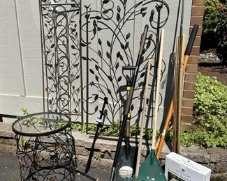 NewinBox Metal  Glass Bird Patio Side Table With Matching Trellis And Garden Tools