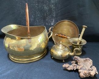 Vintage Brass Coal Scuttle Tea Kettle Mortar Pestle And Burl Wood