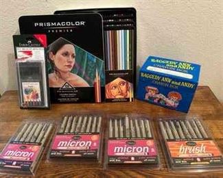 Vintage Raggedy Ann Andy Crayon Box PrismaColor Colored Pencils And Micron Pigma Artist Pens