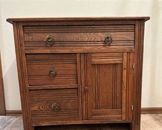 Vintage Wood Cabinet and Glass Chandelier Pieces