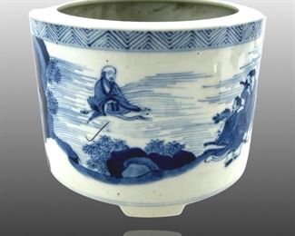 Kang Xi Hand Painted Blue & White Porcelain Pot
