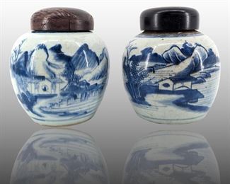 2pc Antique Scenic Blue and White Chinese Pot Set
