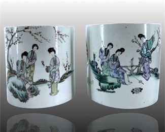 2pc Antique Asian Porcelain Famille Brush Pots
