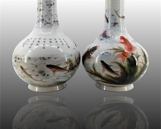 2pc. DENG Bishan Painted Japanese Koi Fish Vases
