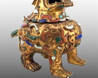 Antique Brass Stone Inlaid Dragon Incense Jar
