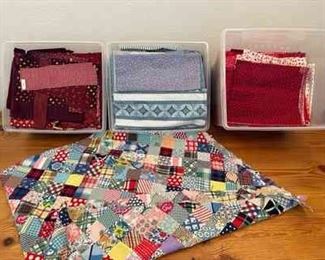 Multicolored Scrap Quilt Topper With Boxes Of Fabric By Color
