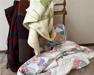 Vintage Patchwork Quilts And Knit Blankets With Wooden Spindle Quilt Hanger