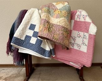 Vintage Patchwork Quilts With Wooden Quilt Rack
