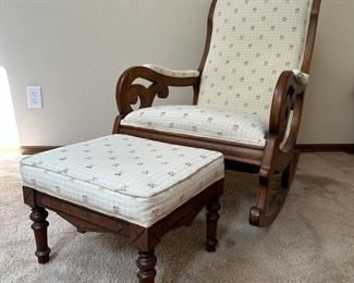 Vintage Rocking Chair And Footstool With Down Bedding Quilt And Blanket