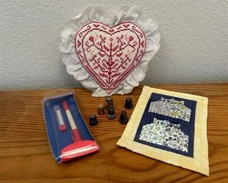 Vintage Thimbles Fabric Pencil And Cross Stitch Heart Sewing Cushion