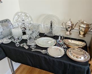 Glass and silverplate serving dishes