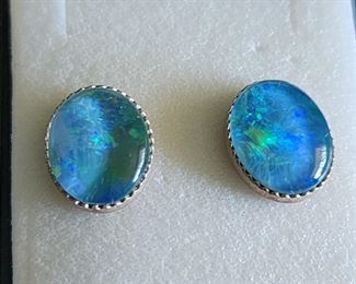 Oval Blue Green Opal/Fire Opal/blue stone/green stone/Genuine Sterling Silver Stud Post Earrings