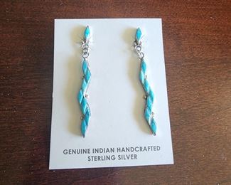 Native American Zuni Sterling with Turquoise Inlay Lightening Dangle Earrings

