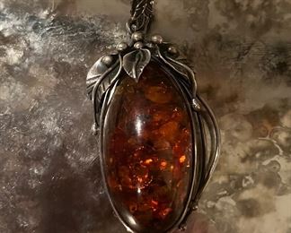 Massive natural amber pendant in sterling