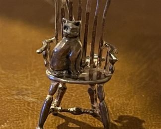 Antique sterling winking cat on Windsor chair brooch…England 1890s