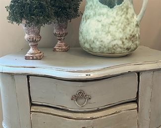 Gorgeous hand-painted two drawer table. Large McCarty pitcher