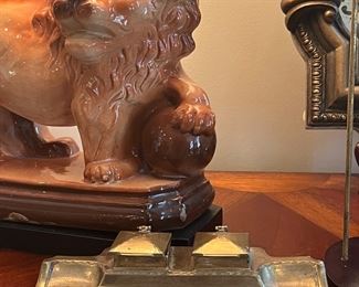Antique Staffordshire lion lamp and antique brass inkwell