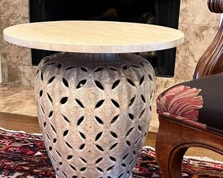 Matching cocktail table in glazed terracotta and marble…ANTHROPOLOGY