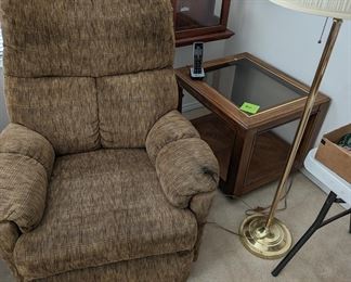recliner, side table, floor lamp. Clock is not for sale.
