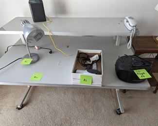 Computer table, task lamp, hair dryer, CD player
