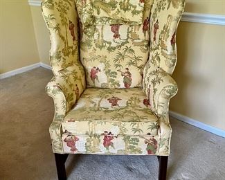 One of pair of upholstered wing chairs beautiful fabric