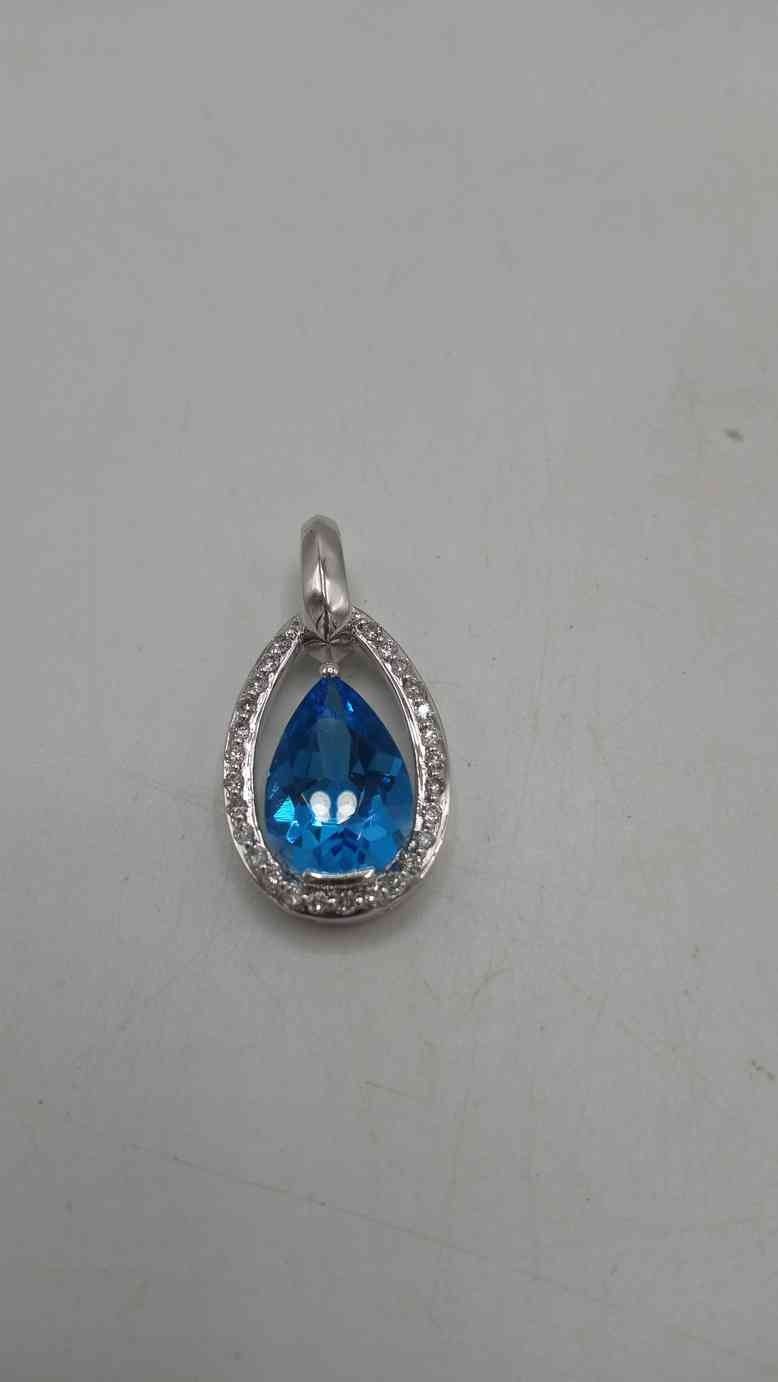 14KT White Gold Topaz, Diamond Pendant