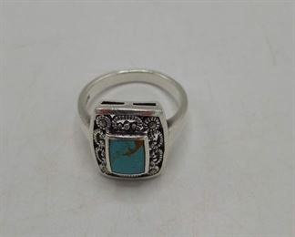 Sterling Blue Glass and Marcasite Ring