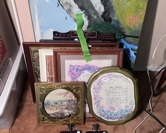 Lot of Framed Prints, Ceramics, Mirror, and Ambient Weather Dials