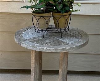 Daisy faux floral arrangement & wonderfully aged wooden pedestal occasional table