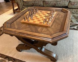 Chunky coffee table and wooden chess set
