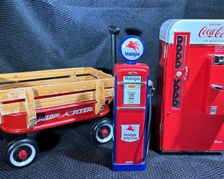 Radio flyer wagon, Mobilegas gas pump & Coca-Cola soda machine collectibles