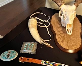 Civil War era powder horn, turquoise belt buckles, mounted whitetail deer skull and antlers