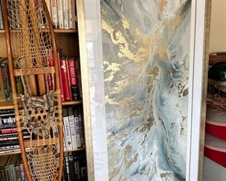 Framed art and pair of antique snowshoes