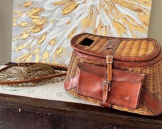 Antique fly fishing creel basket and net