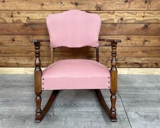 Vtg. Wood Rocker w/ Pink Upholstered Back & Seat