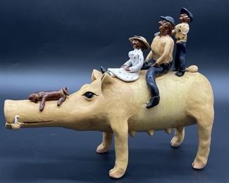 NC Pottery by Chuck Miller: Family Riding Razorback Hog Figurine