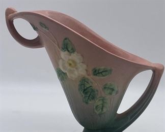 Vtg. 1940's Roseville Pottery White Rose Pink &
Green Handled Vase