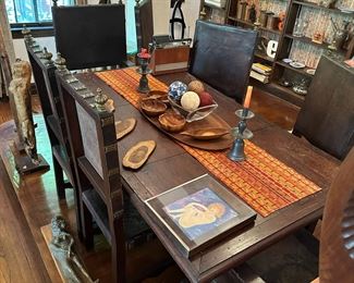 Medieval style vintage Mexican leather and wood chairs with brass ornamentation